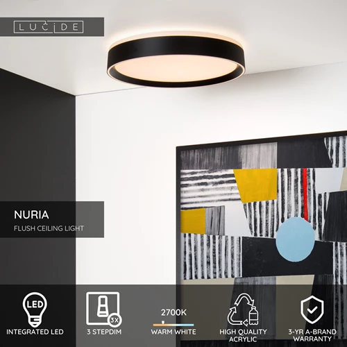 Lucide NURIA - Flush ceiling light - Ø 40 cm- LED 3 StepDim - 1x24W 2700K - Black - USP